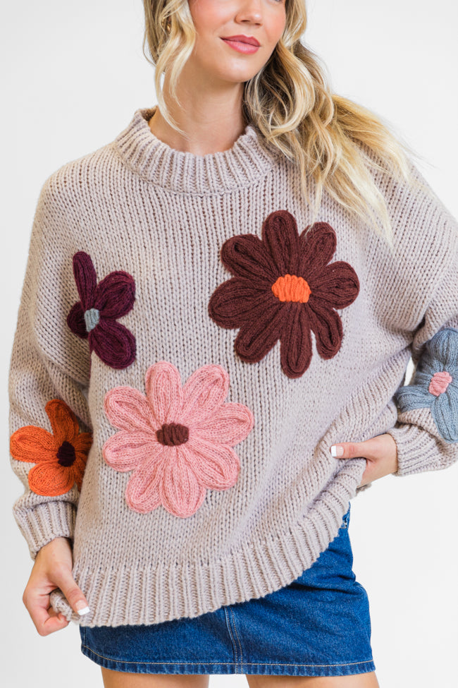 Flora Fantasy Natural Chunky Floral Mock Neck Sweater