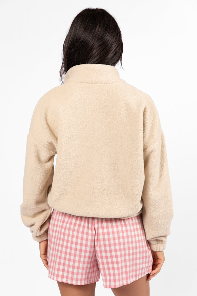 After Hours Mon Cheri Beige Embroidered Fleece Pullover