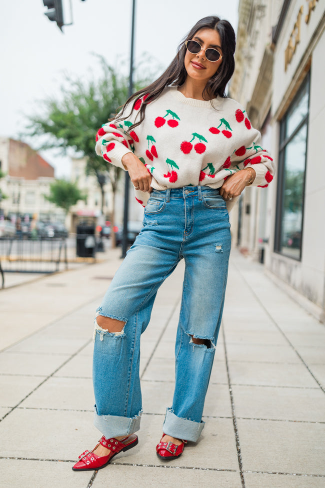 I Pick You Ivory Cherry Print Crew Neck Sweater