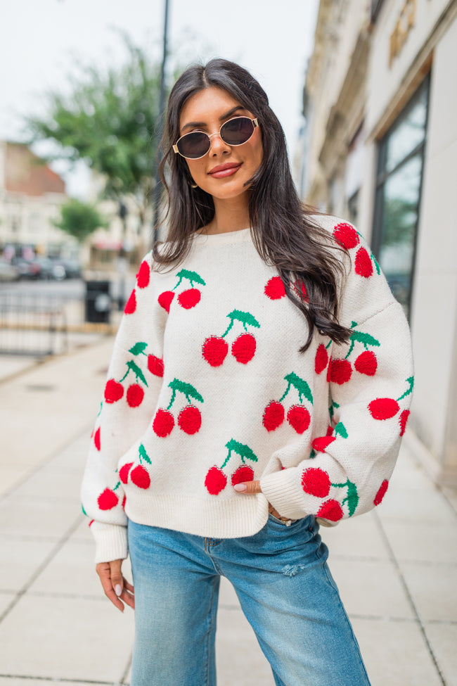 I Pick You Ivory Cherry Print Crew Neck Sweater