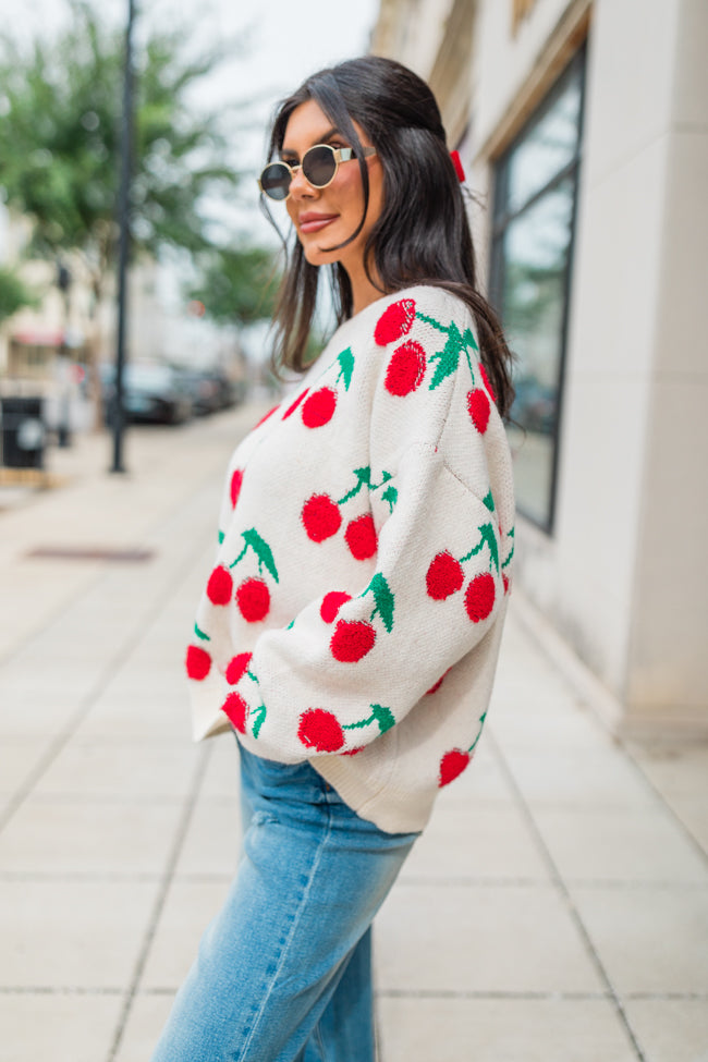 I Pick You Ivory Cherry Print Crew Neck Sweater