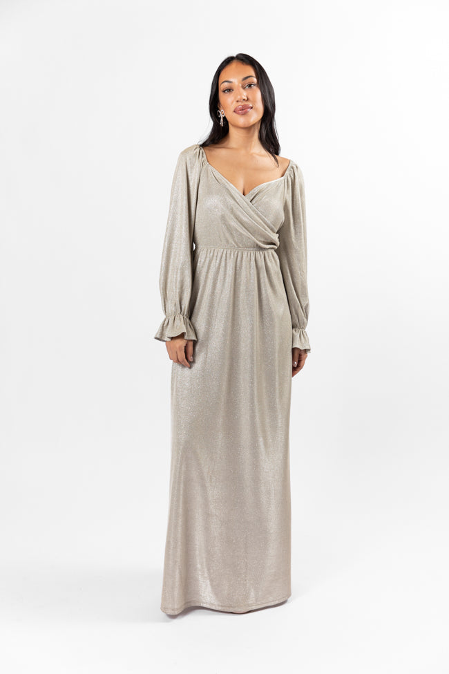 Holiday Magic Silver Shimmer Rouched Maxi Dress