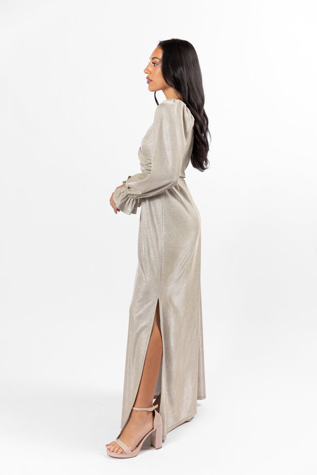 Holiday Magic Silver Shimmer Rouched Maxi Dress