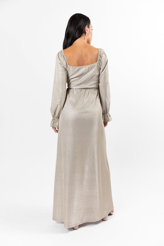 Holiday Magic Silver Shimmer Rouched Maxi Dress