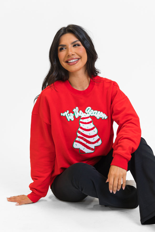 Tis The Season Christmas Cake Patch Red Oversized Graphic Sweatshirt FINAL SALE