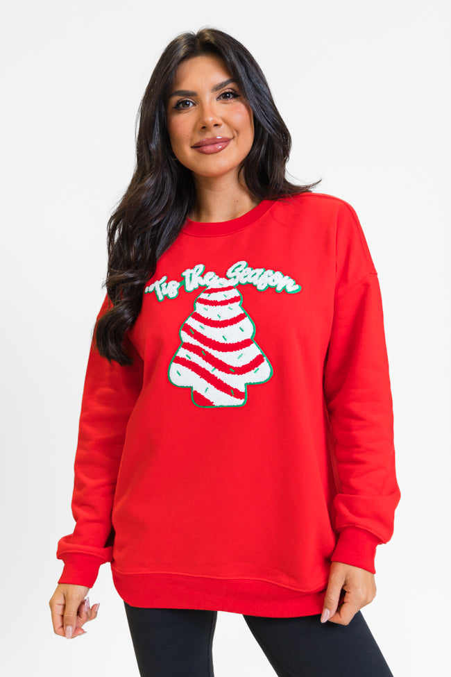 Tis The Season Christmas Cake Patch Red Oversized Graphic Sweatshirt FINAL SALE