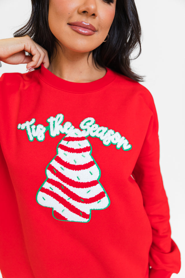 Tis The Season Christmas Cake Patch Red Oversized Graphic Sweatshirt FINAL SALE