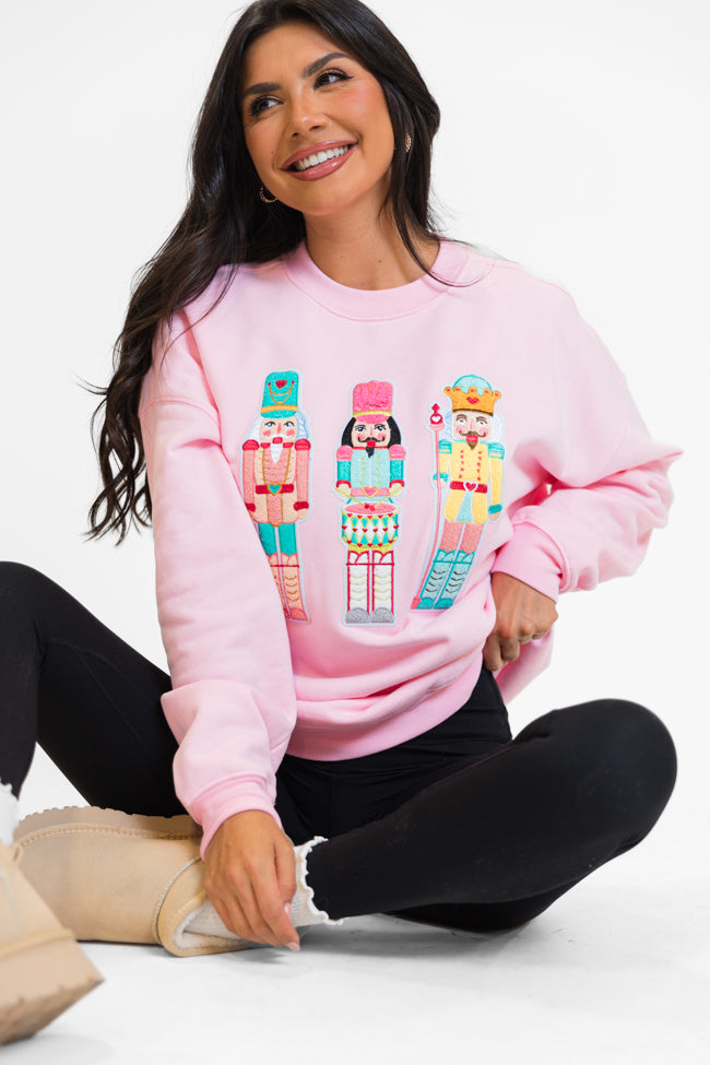 Nutcrackers Chenille Patch Light Pink Oversized Graphic Sweatshirt