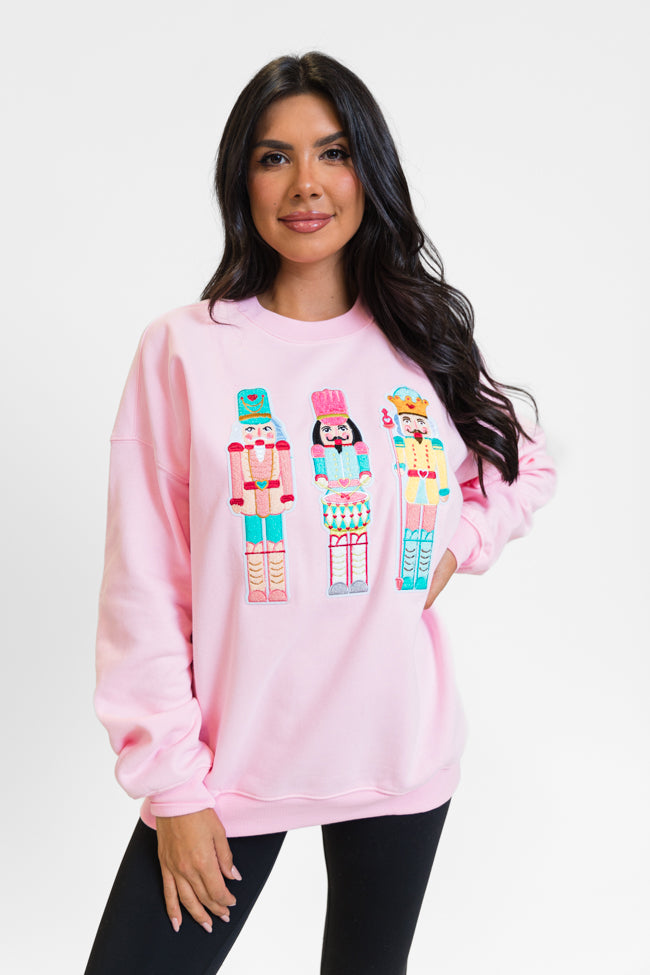 Nutcrackers Chenille Patch Light Pink Oversized Graphic Sweatshirt