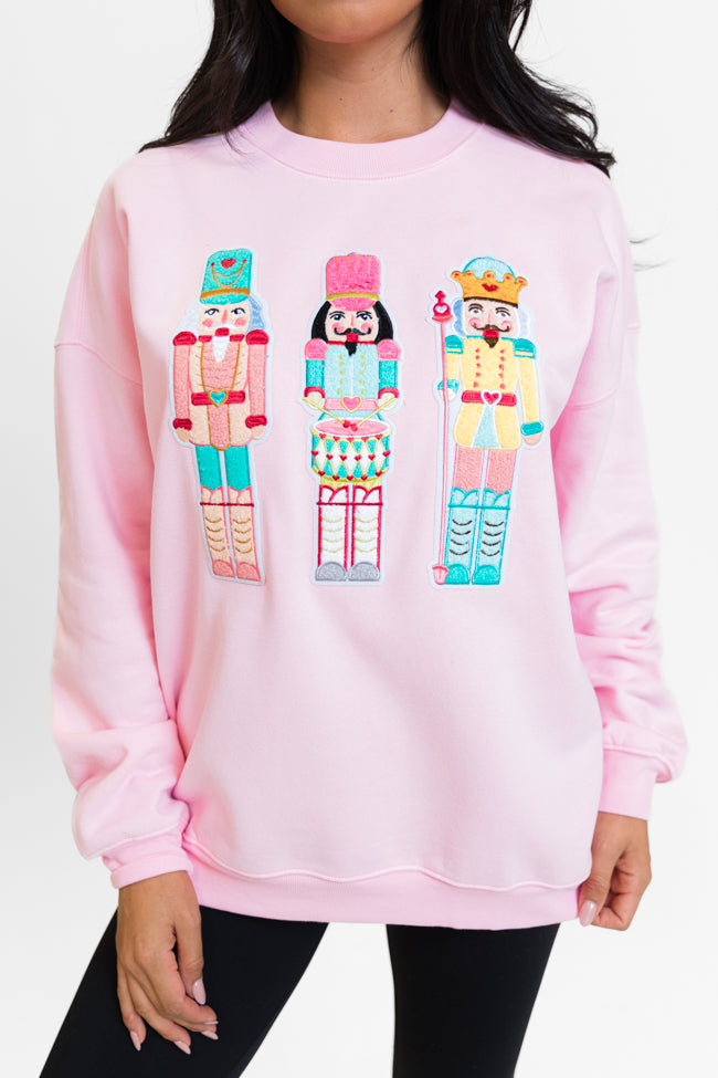 Nutcrackers Chenille Patch Light Pink Oversized Graphic Sweatshirt