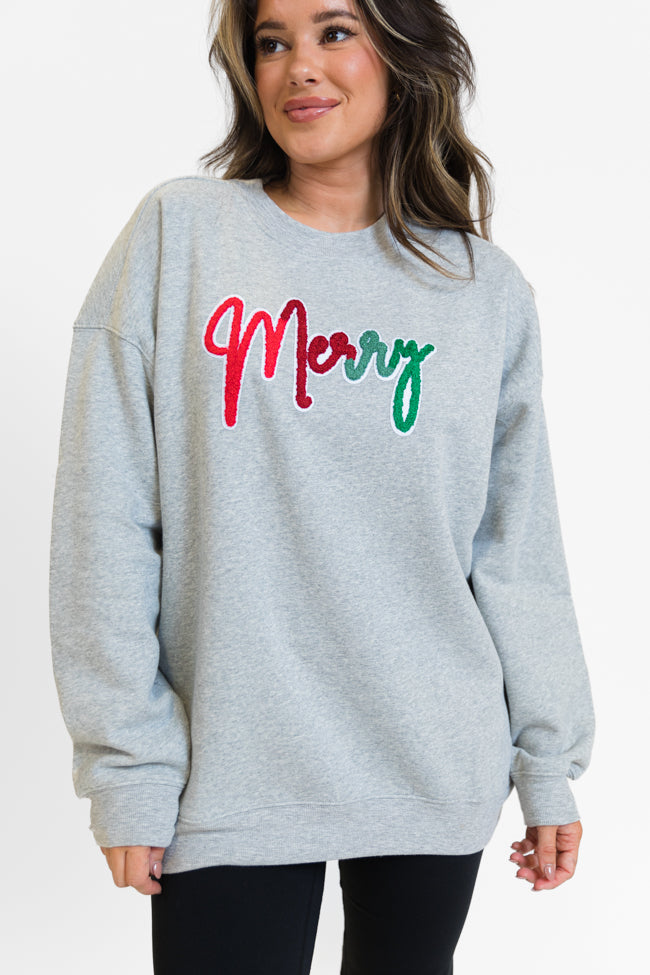 Merry Ombre Chenille Patch Light Grey Oversized Graphic Sweatshirt