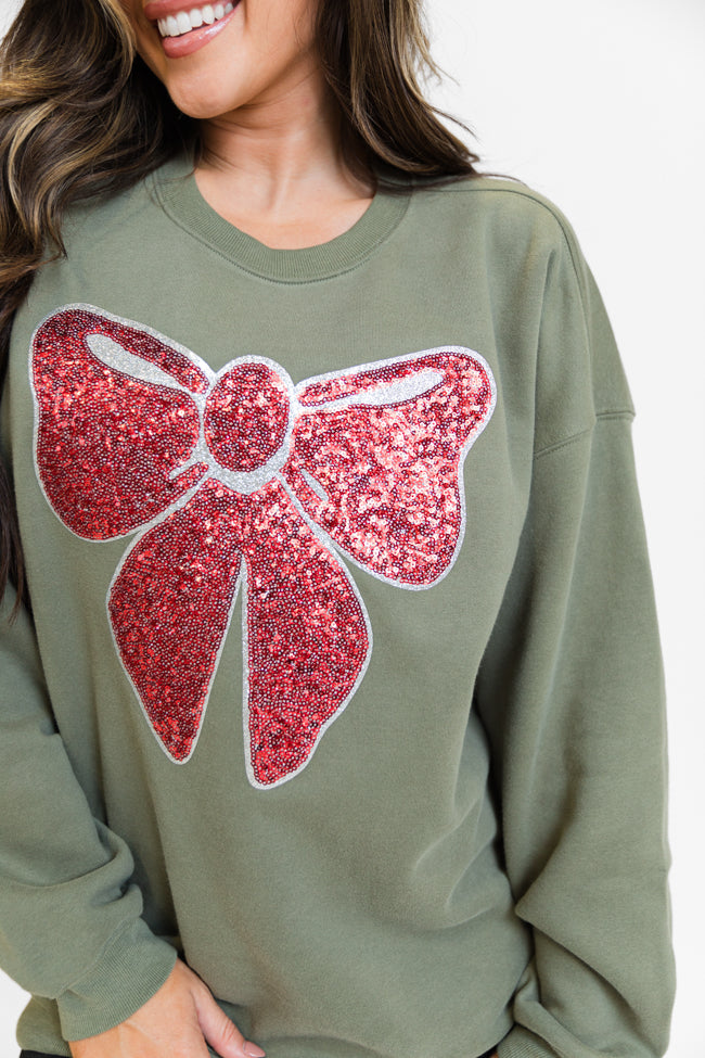 Bow Sequins Patch Olive Oversized Graphic Sweatshirt