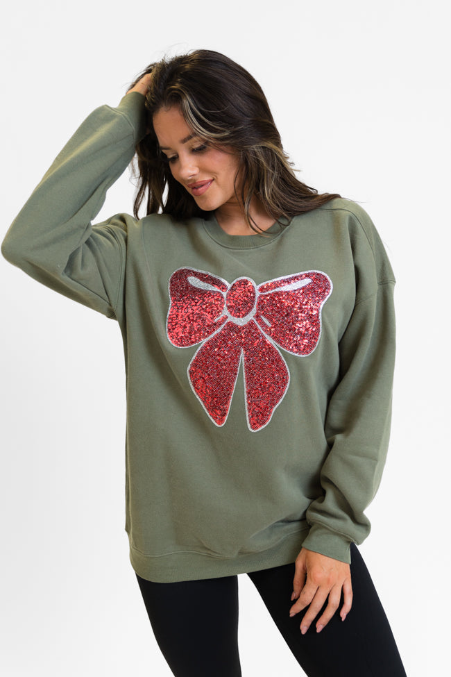 Bow Sequins Patch Olive Oversized Graphic Sweatshirt