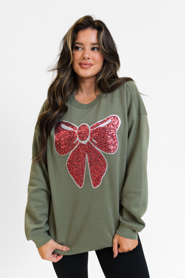 Bow Sequins Patch Olive Oversized Graphic Sweatshirt