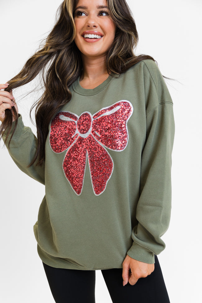 Bow Sequins Patch Olive Oversized Graphic Sweatshirt