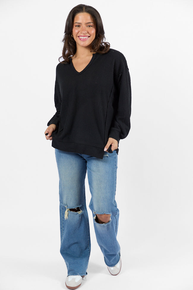 Reasonable Assumption Black Brushed Waffle Knit Oversized Top