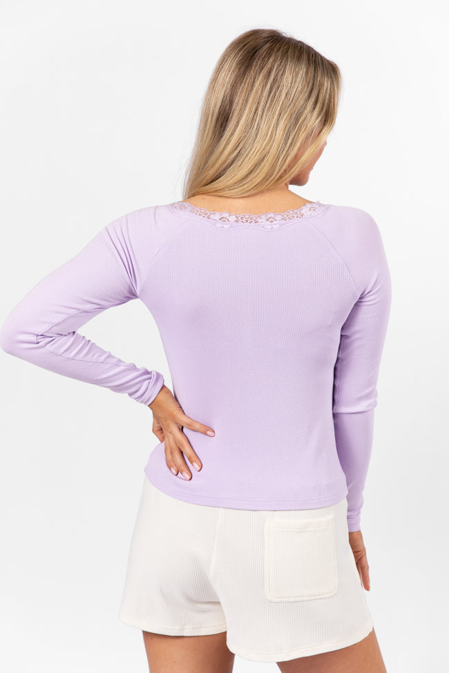 Make Your Choice Lilac Ribbed Lace Trim Henley Long Sleeve Tee