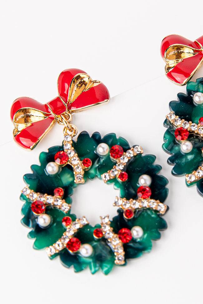 Resin And Rhinestone Christmas Wreath Earrings