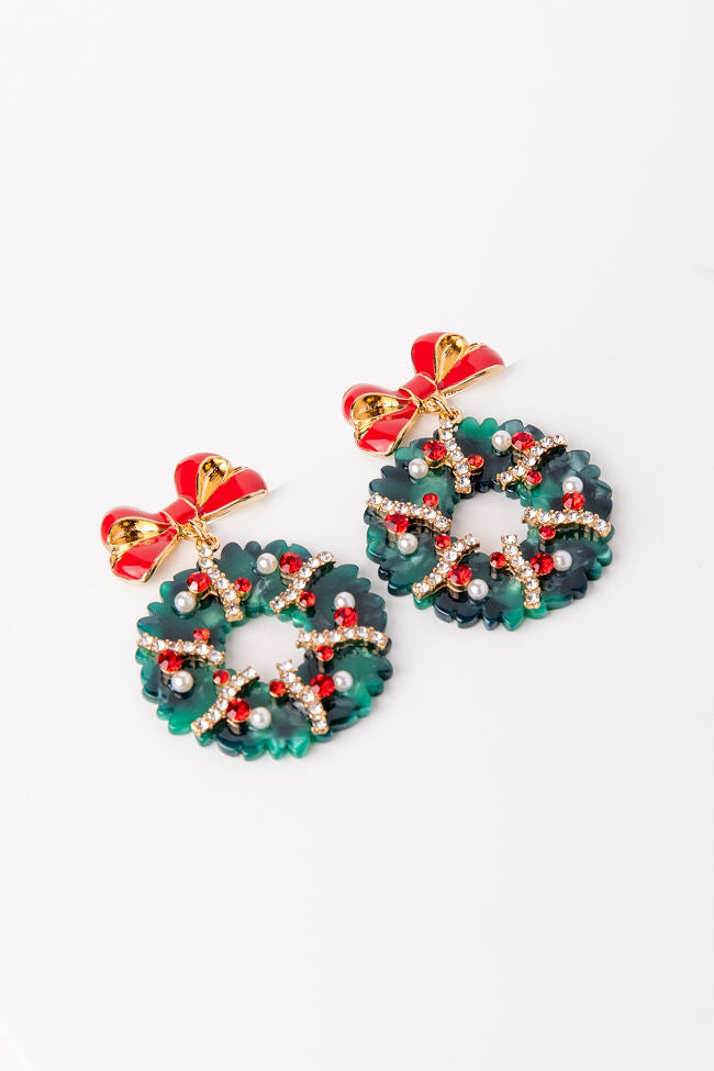 Resin And Rhinestone Christmas Wreath Earrings