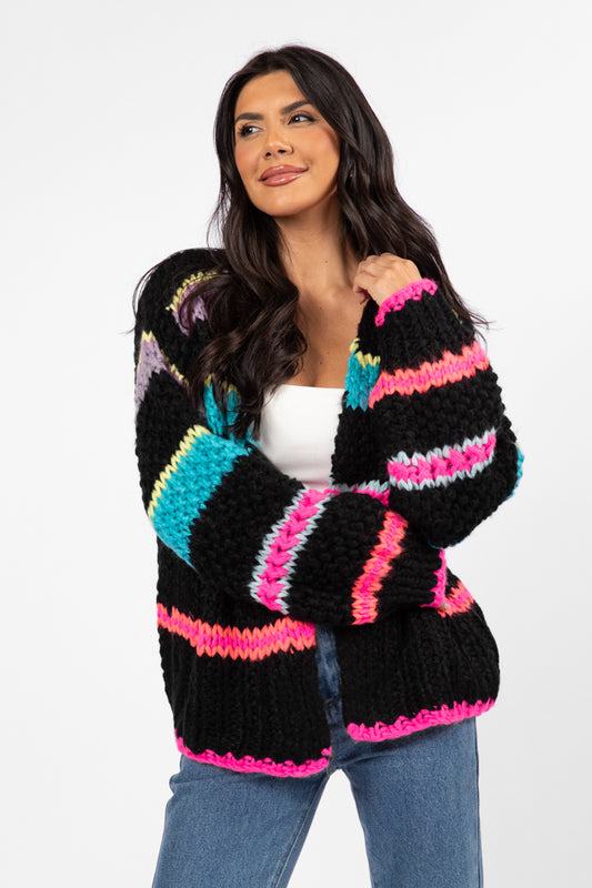 In The Middle Black Multi Chunky Knit Stripe Cardigan SALE