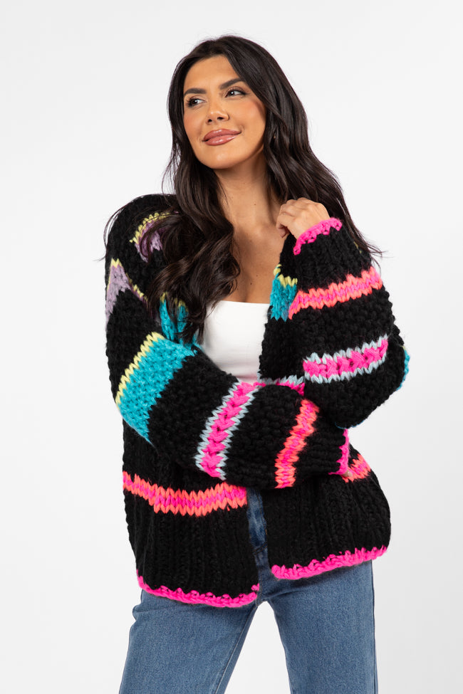 In The Middle Black Multi Chunky Knit Stripe Cardigan