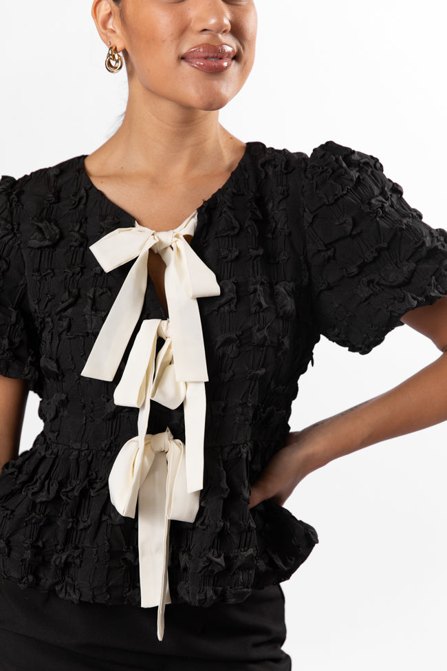 Making A Wish Black And Ivory Textured Bow Detail Blouse