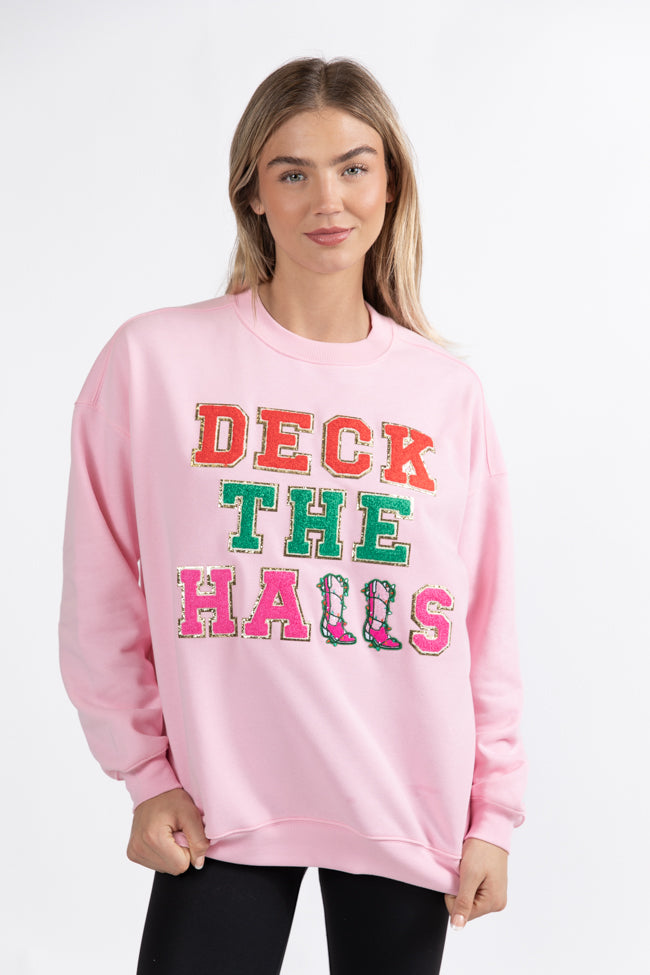 Deck The Halls Chenille Patch Light Pink Oversized Graphic Sweatshirt Macy Blackwell X Pink Lily