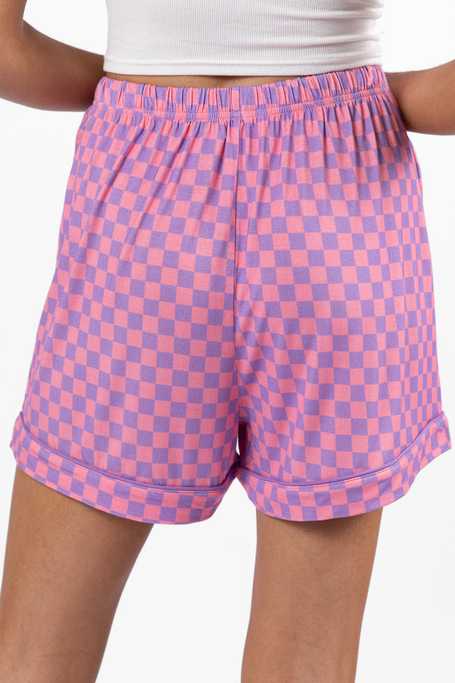 Good To Get Away Light Pink and Lilac Checkered Pajama Shorts