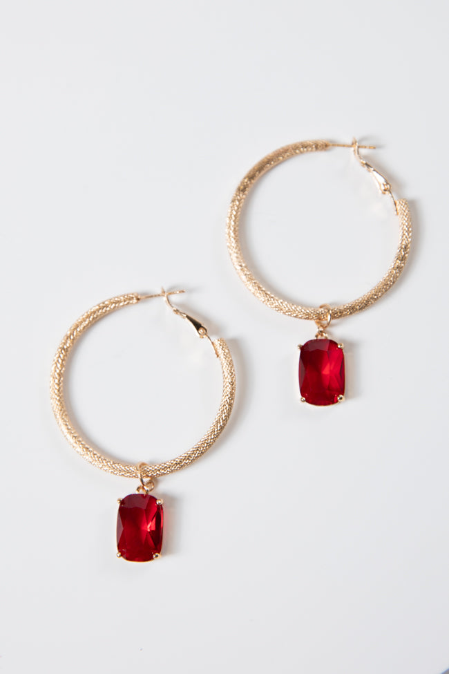 Gold Earring Hoop With Red Crystal Drop