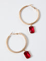 Gold Earring Hoop With Red Crystal Drop