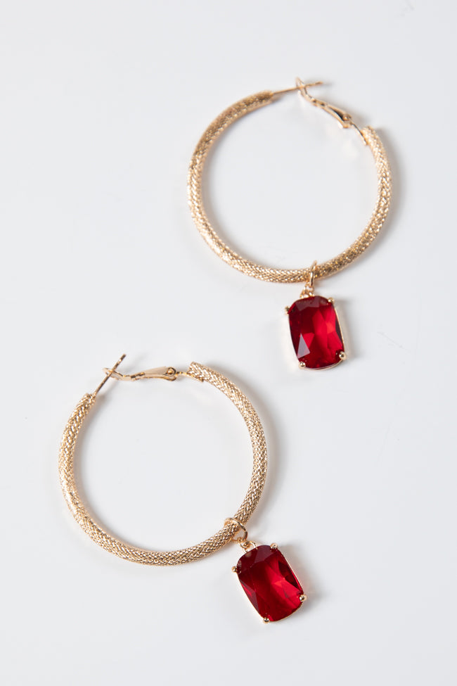 Gold Earring Hoop With Red Crystal Drop