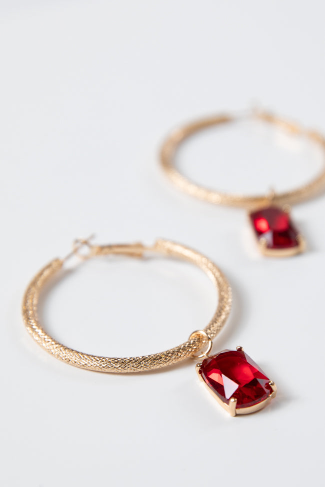 Gold Earring Hoop With Red Crystal Drop