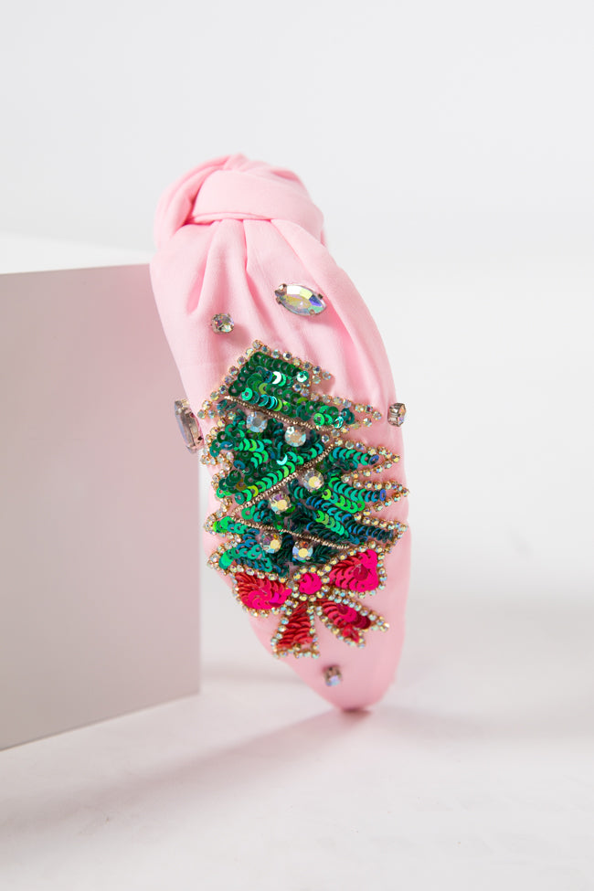 Pink Headband with Green Christmas Tree and Pink Bow