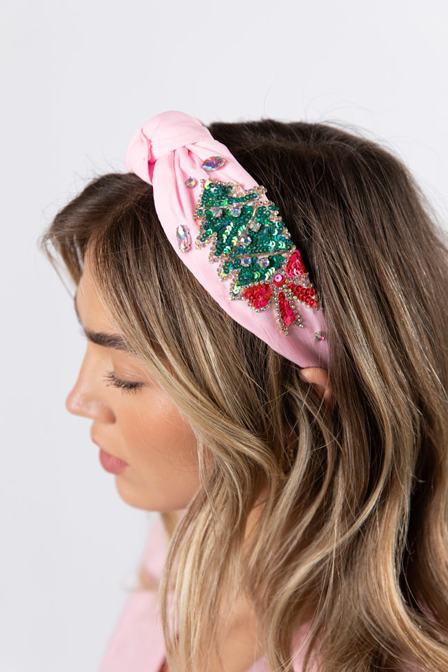 Pink Headband with Green Christmas Tree and Pink Bow