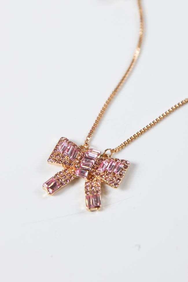 Pink Rhinestone Bow Necklace