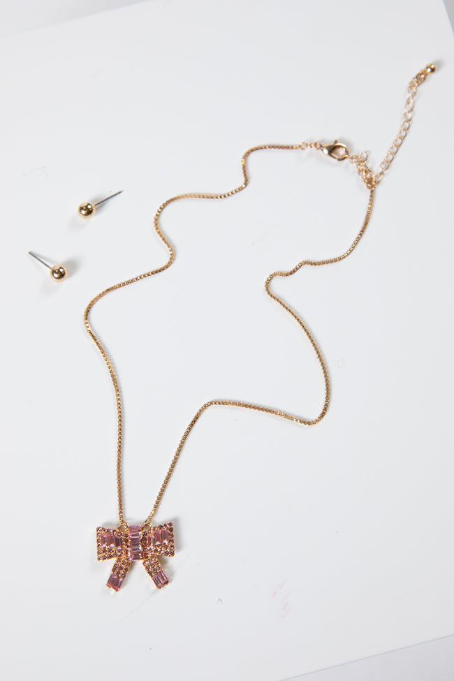 Pink Rhinestone Bow Necklace