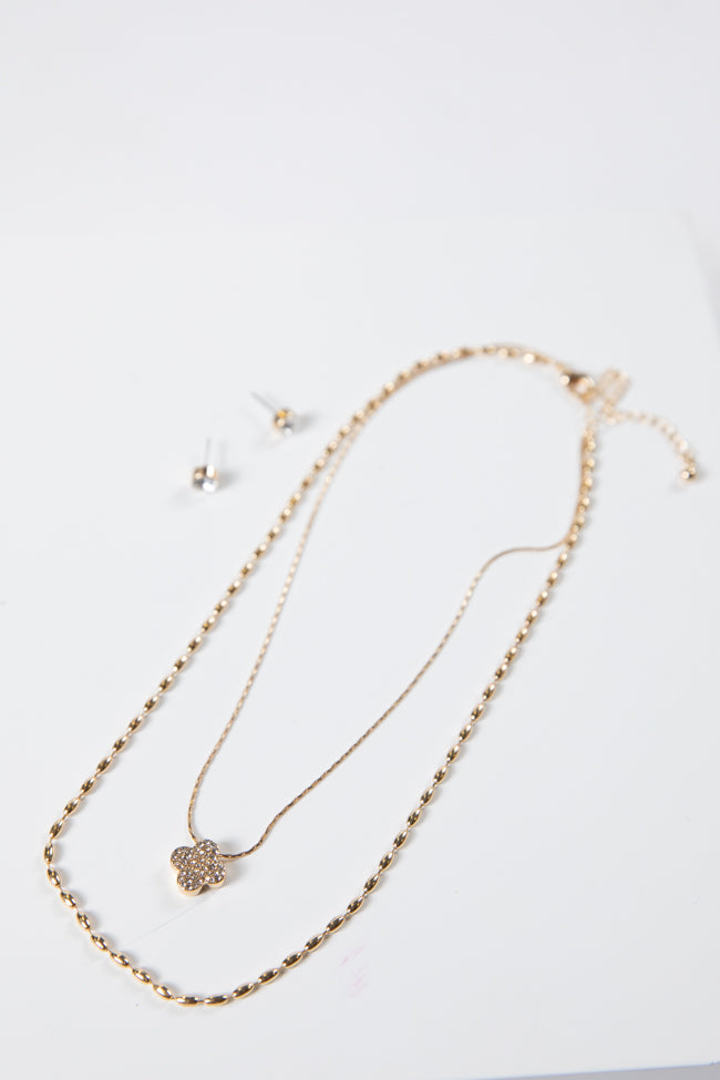 Double Layered Knot Chain with Rhinestone Clover Necklace