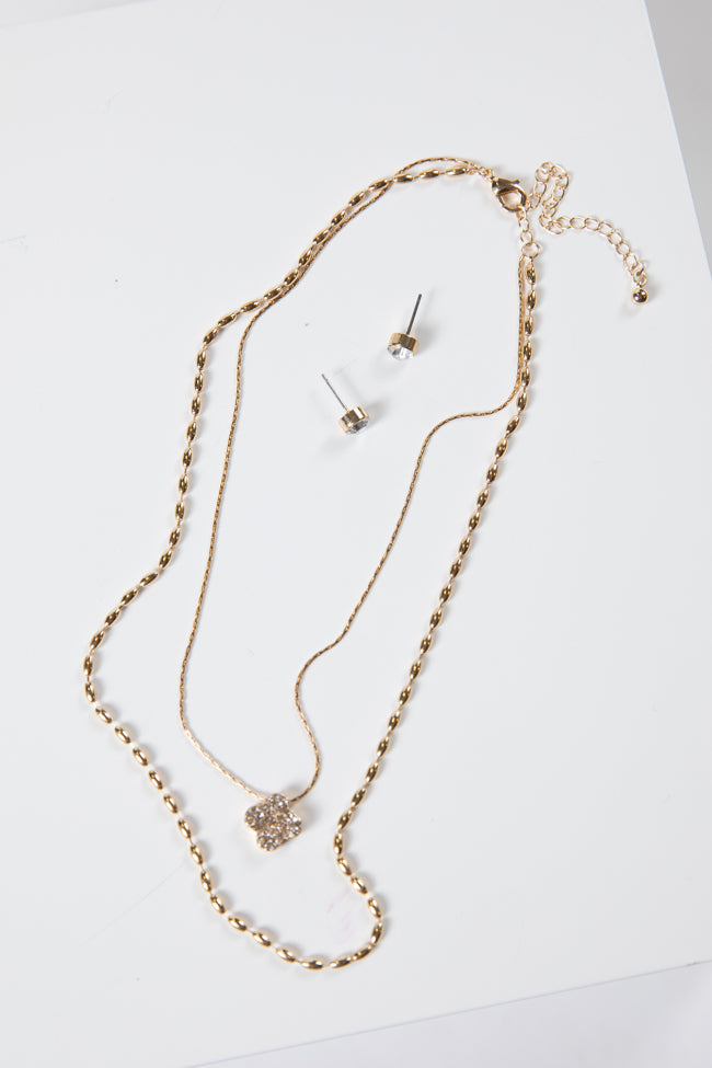 Double Layered Knot Chain with Rhinestone Clover Necklace