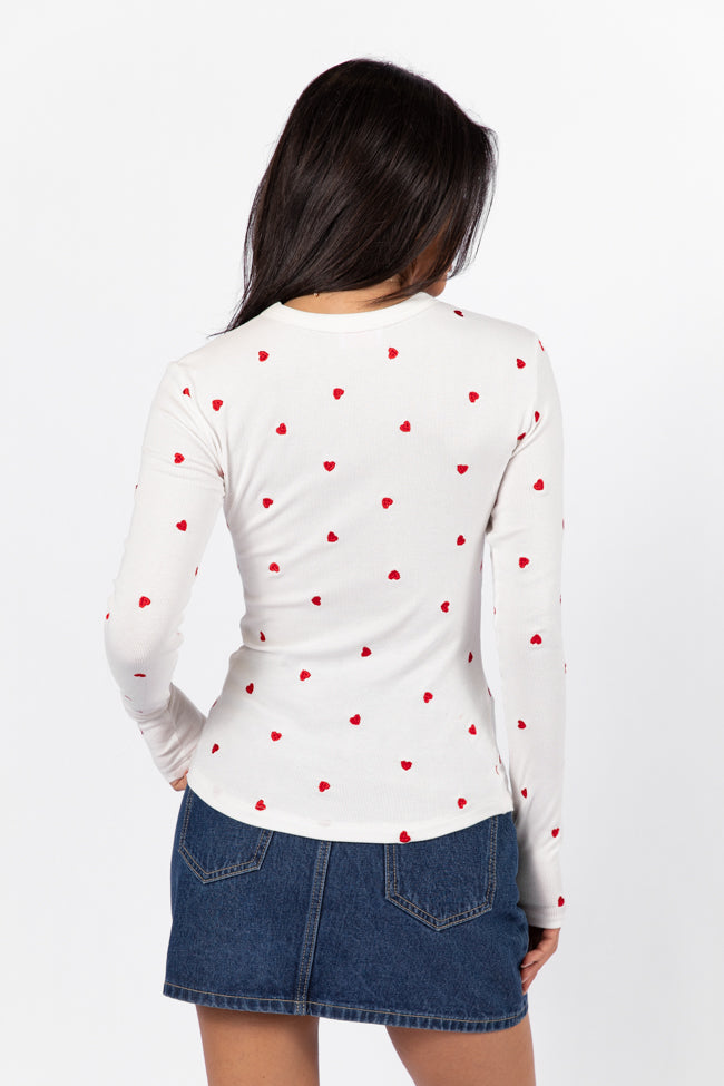 Make Your Choice Ivory and Red Heart Embroidered Ribbed Long Sleeve Tee