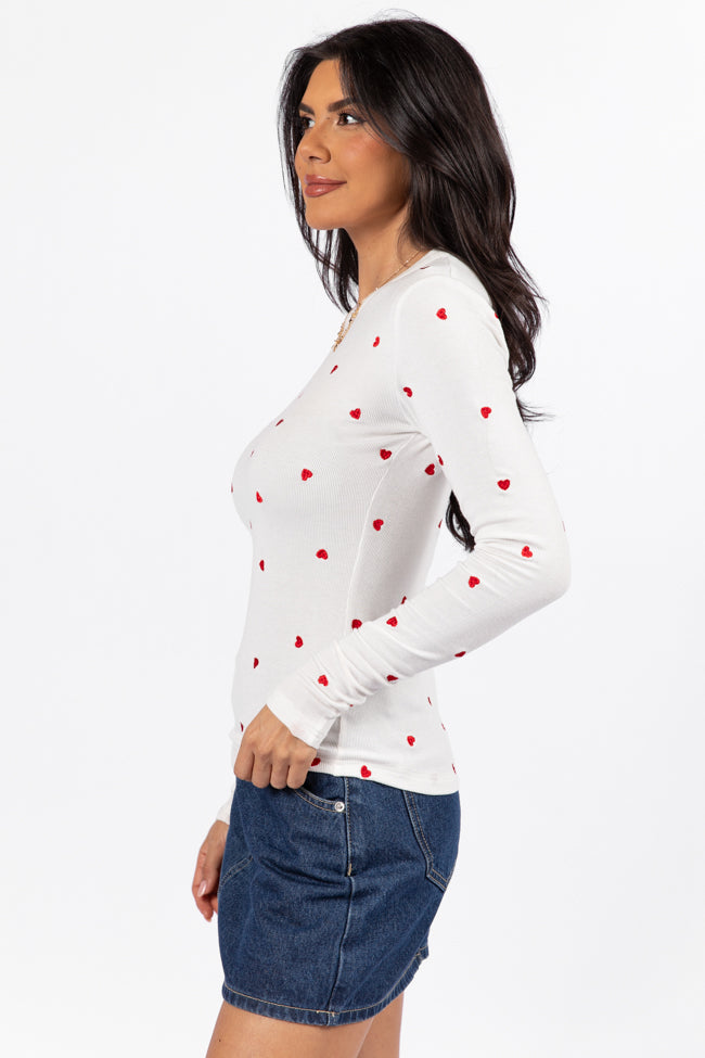 Make Your Choice Ivory and Red Heart Embroidered Ribbed Long Sleeve Tee