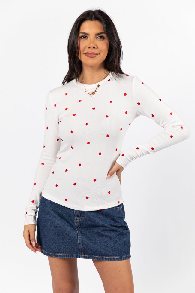 Make Your Choice Ivory and Red Heart Embroidered Ribbed Long Sleeve Tee