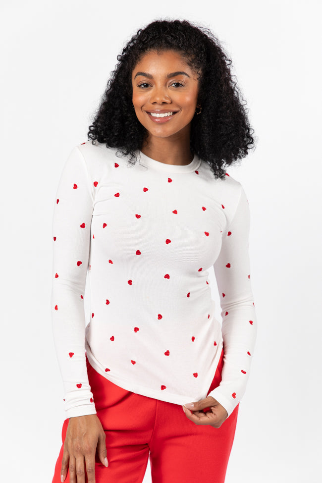 Make Your Choice Ivory and Red Heart Embroidered Ribbed Long Sleeve Tee