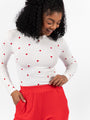 Make Your Choice Ivory and Red Heart Embroidered Ribbed Long Sleeve Tee