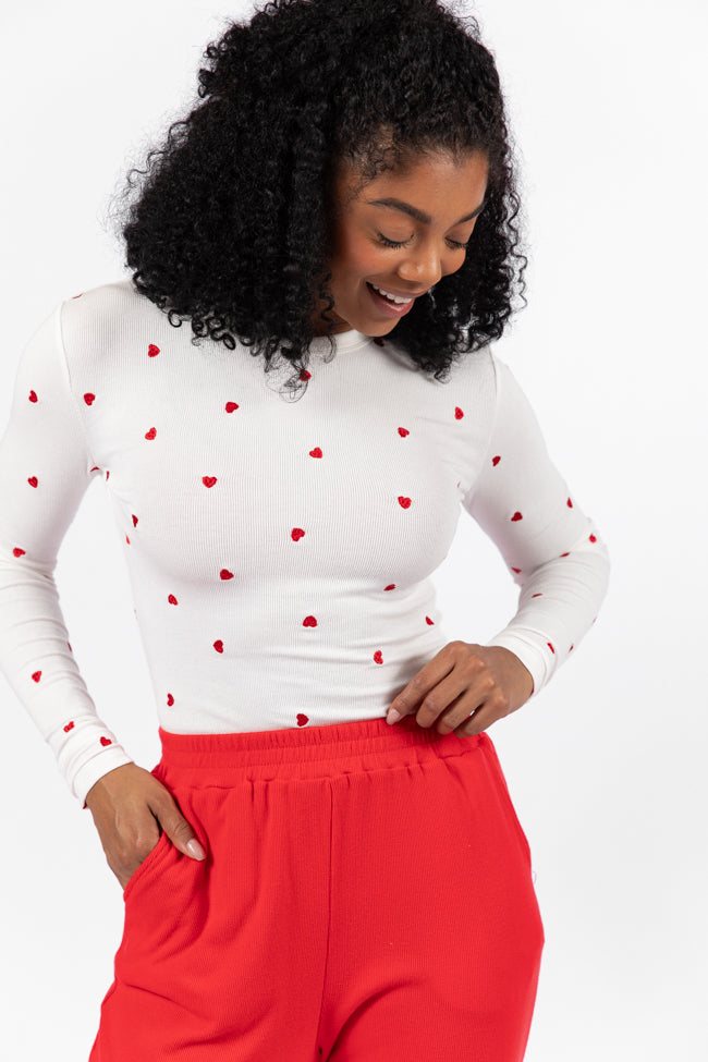 Make Your Choice Ivory and Red Heart Embroidered Ribbed Long Sleeve Tee