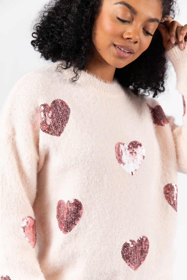 True Romance Blush Sequin Heart Sweater