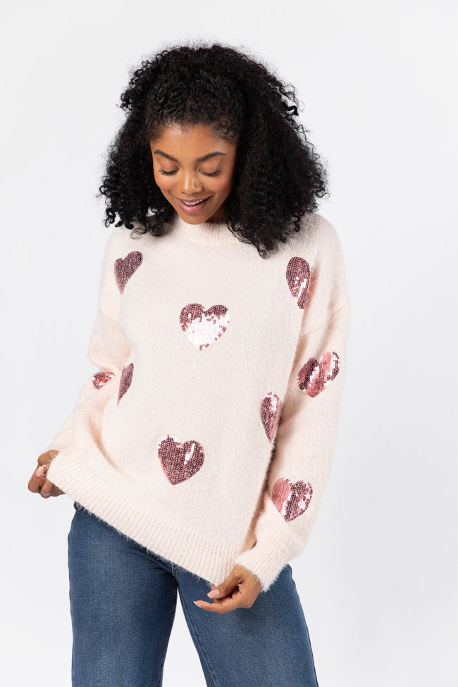 True Romance Blush Sequin Heart Sweater