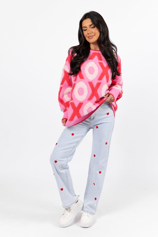 Hugs and Kisses Pink and Red Multi Embroidered Sweater