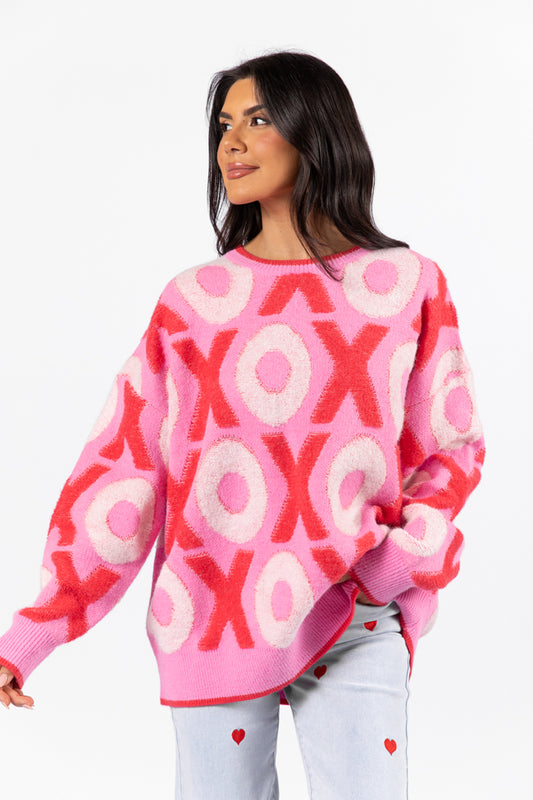 Hugs and Kisses Pink and Red Multi Embroidered Sweater SALE