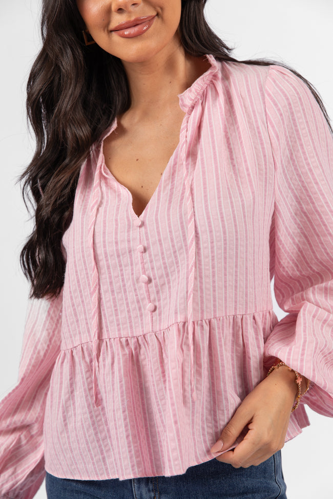 Oh My Darling Pink Stripe Notched Neckline Button Detail Peplum Blouse