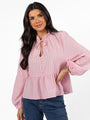 Oh My Darling Pink Stripe Notched Neckline Button Detail Peplum Blouse